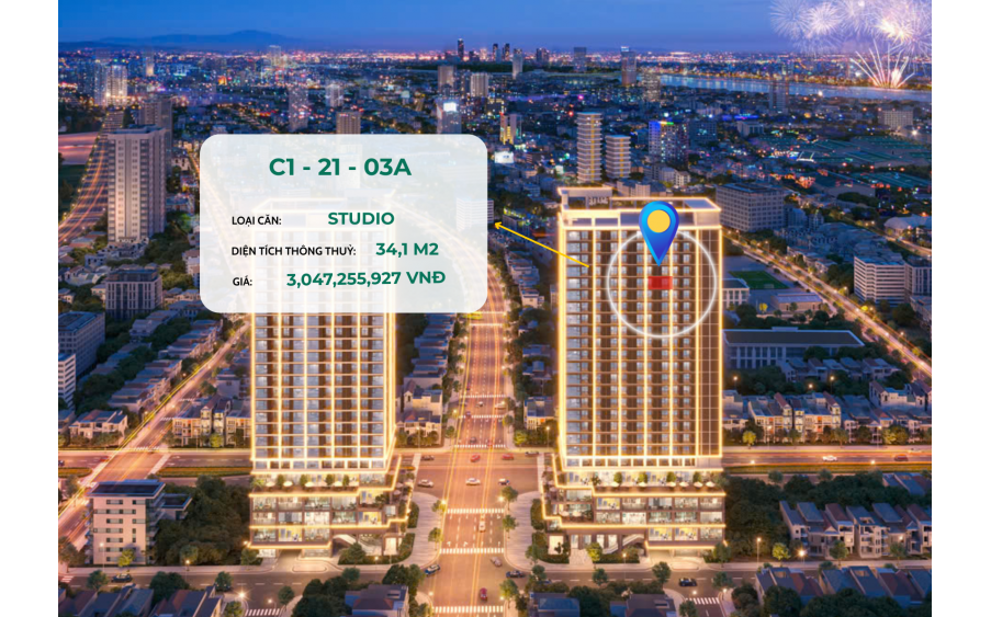 2,6 tỷ - căn studio 34,1m2 - view biển + bán đảo Sơn Trà - chiết khấu 14,5% giá 2,6 tỷ